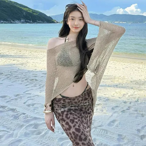 Design Olive Knit Poncho Top with Leopard Print Skirt Set Sets - 4