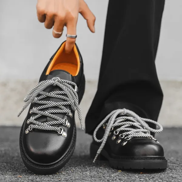 Design Chunky Leather Oxford Sneakers with Rope Laces Black Leather Shoes - 1