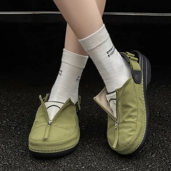 Design Zipper Slip-On Loafers Olive Green Casual Shoes - 1
