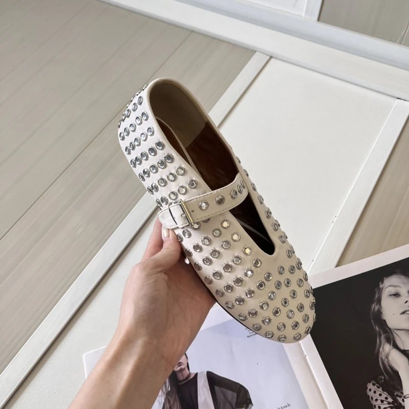 Valentino Rockstud Mary Jane Flat Beige Studded Leather Shoes Loafers