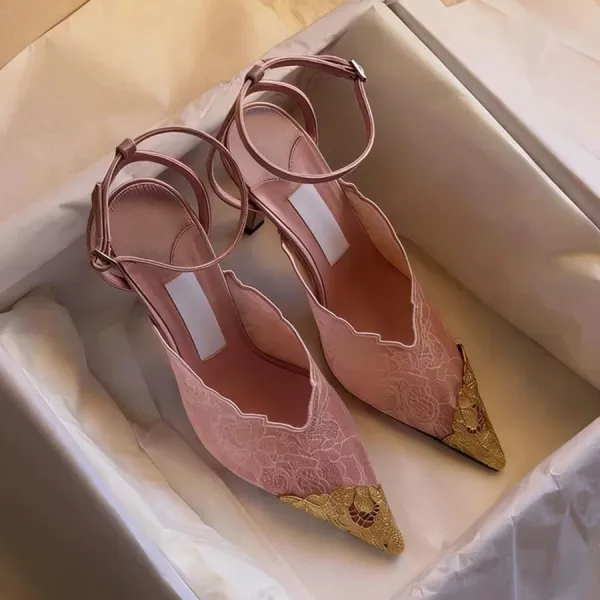 Design Lace-Trimmed Pointed-Toe Mules with Gold Cap Toe and Ankle Strap Heels - 11