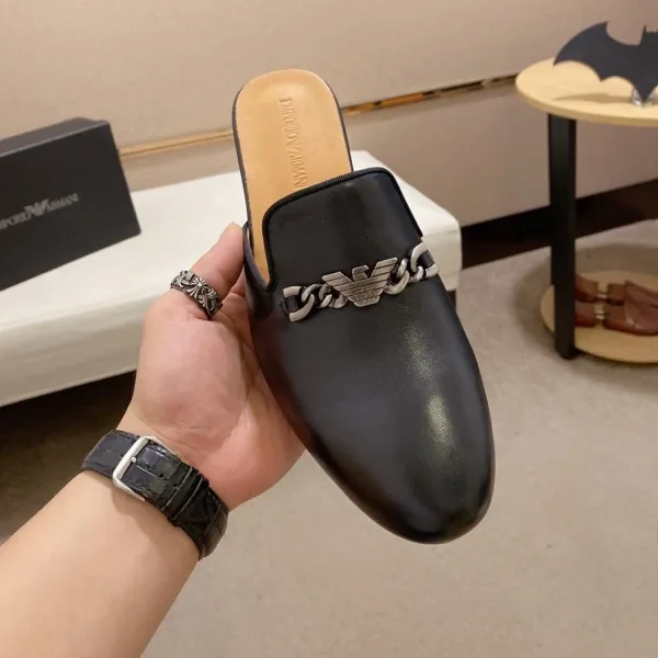 Giorgio Armani Chain-Embellished Black Leather Mule Loafers Slippers - 1