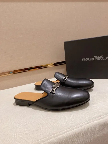 Giorgio Armani Eagle Logo Black Leather Mule Slippers - 3