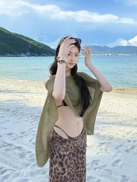 Design Olive Knit Poncho Top with Leopard Print Skirt Set Sets - 10