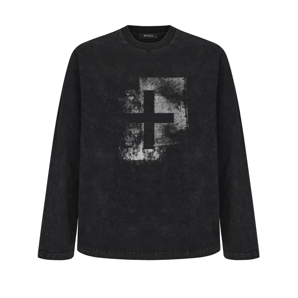 Design Cross Print Acid Wash Black Cropped T-Shirt - 21
