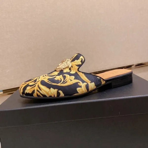 Versace Barocco Print Medusa Loafer Mule Navy Gold Shoes - 1