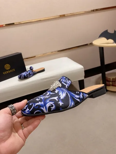 Versace Barocco Print Medusa Loafer Mule Navy Gold Shoes - 8