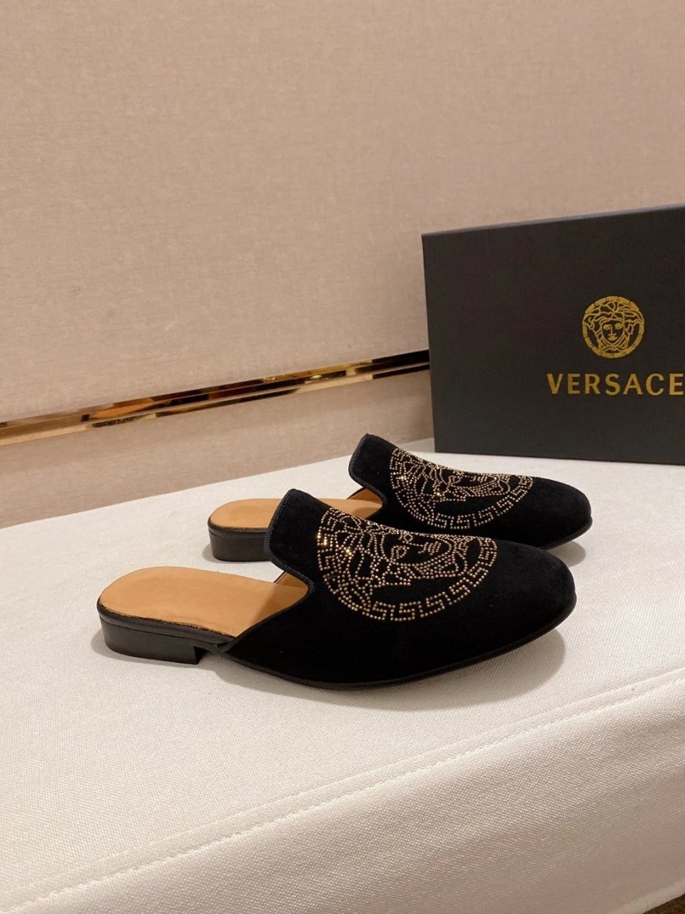 Versace Medusa Crystal-Embellished Black Suede Mule Loafers - 8