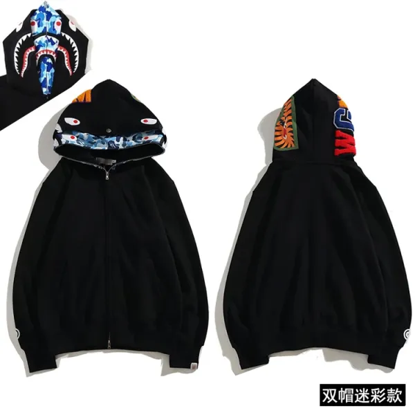 A Bathing Ape Shark Hoodie Double Hood Multicolor Black - 1
