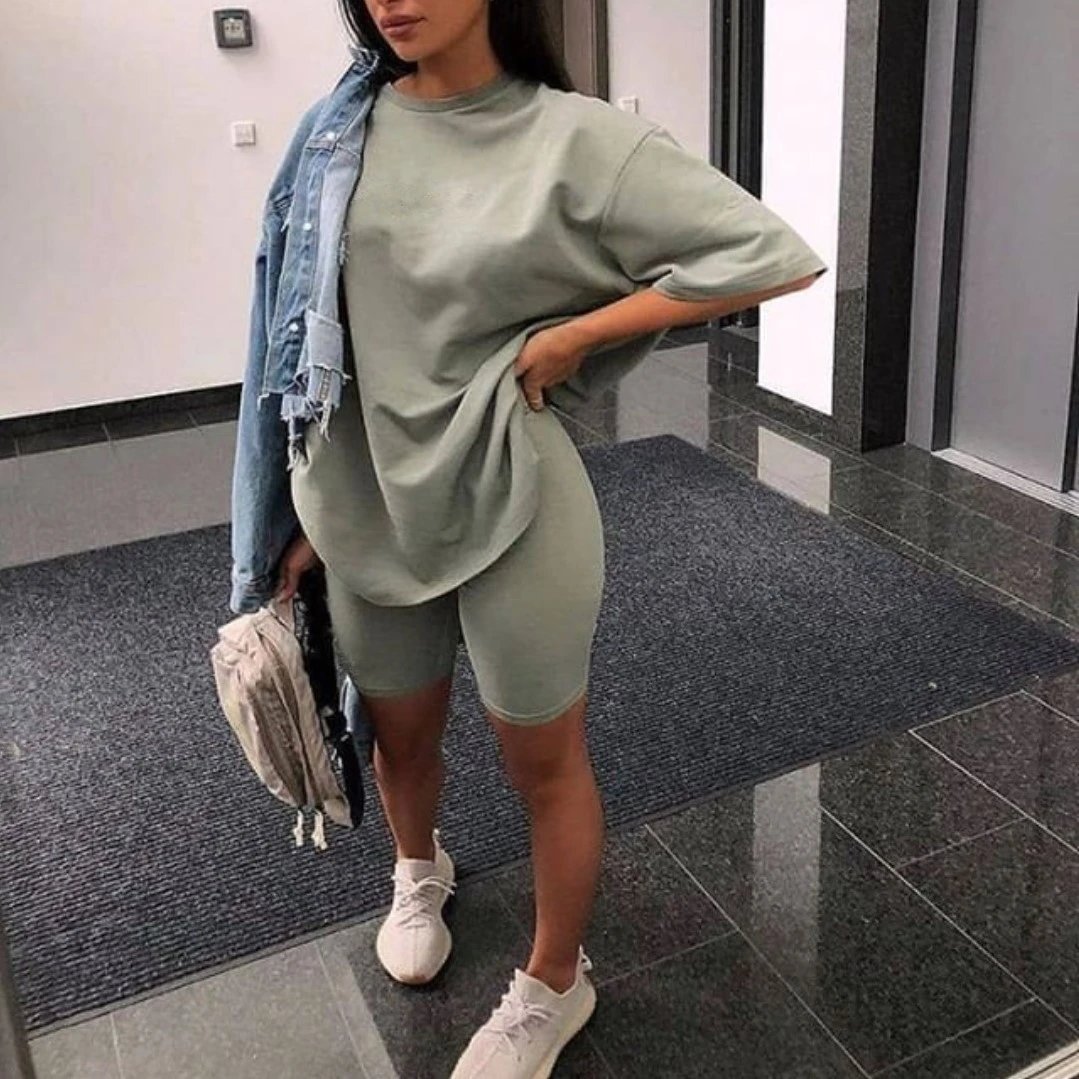 Essentials Oversized T-Shirt and Biker Shorts Set Sage Green Activewear