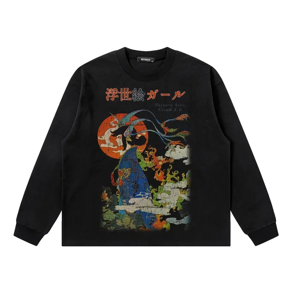 Design NOTSEXx Ukiyo-e Girl Black Long Sleeve T-Shirt T-Shirts - 1