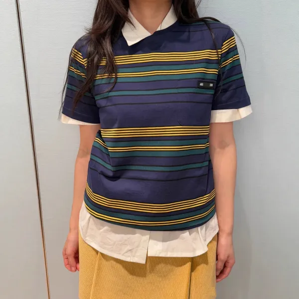 Design Striped Pocket T-Shirt Navy Green Yellow - 3