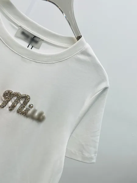 Miu Miu Embellished Logo T-Shirt Navy - 9