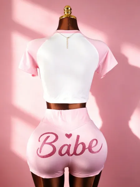 Design Babe Logo Crop Top and Glitter Shorts Set Pink Sets - 7