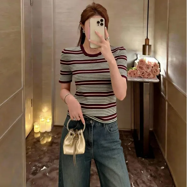 Design Striped Knit Short-Sleeve Top in Burgundy, Green, and Cream Tops - 6