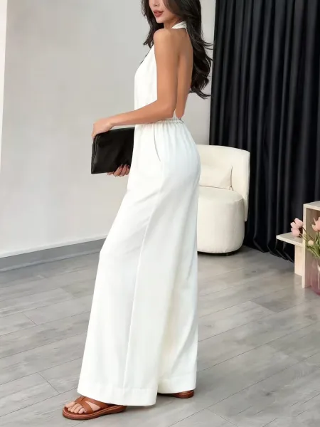 Design Halter Neck Wide-Leg Jumpsuit Black Dress - 12