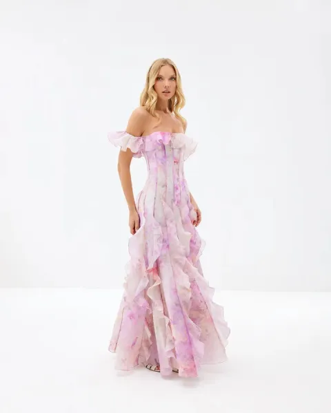 Design White Ruffled Off-Shoulder Tiered Gown Dress - 13