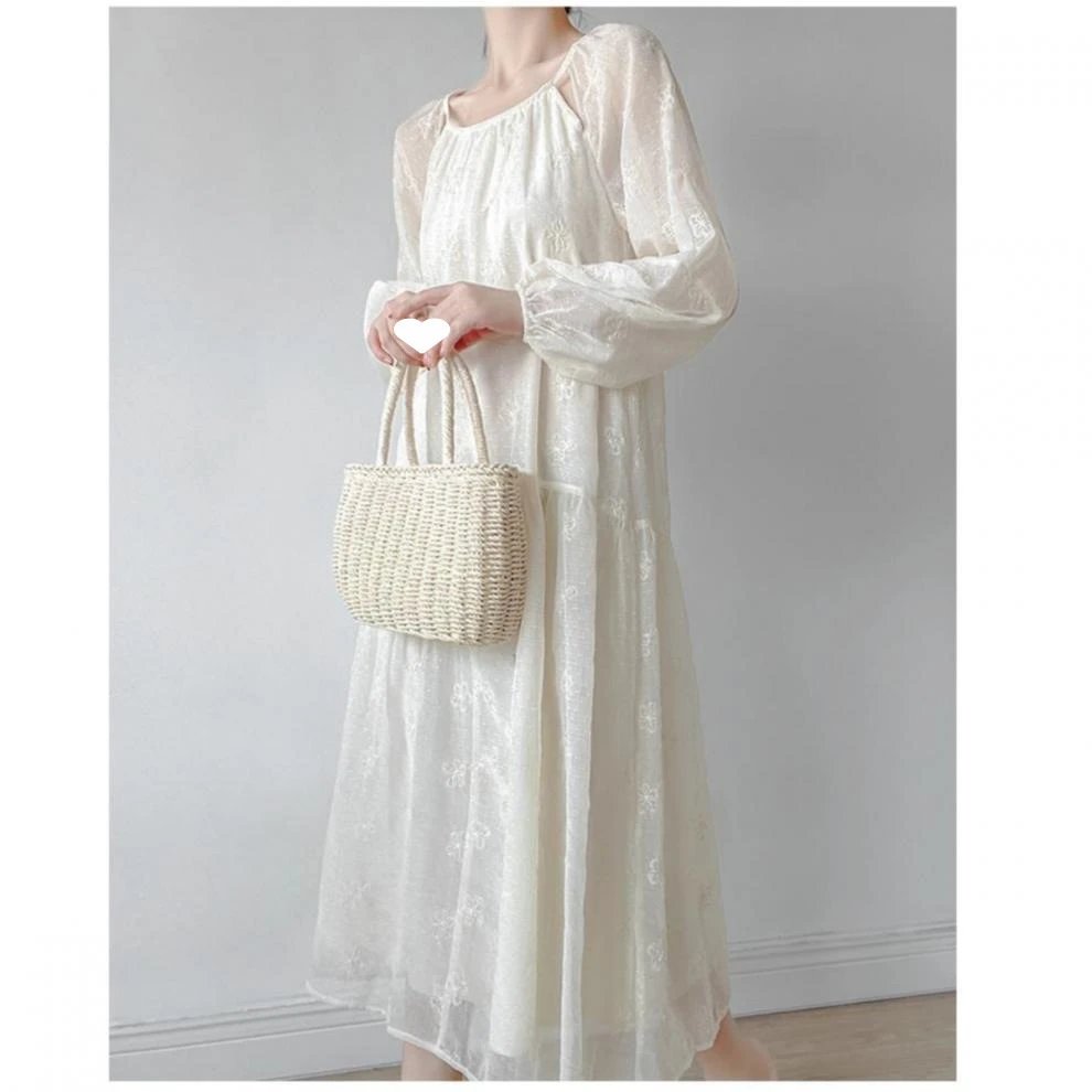 Design Embroidered Sheer Puff-Sleeve Tiered Dress in Ivory - 5