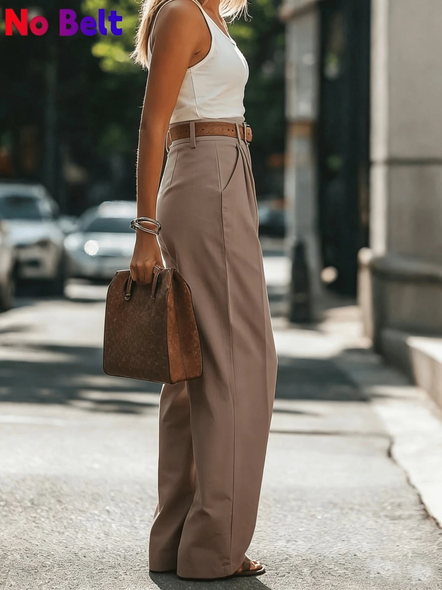 Design Wide-Leg Pleated Trousers Black with Brown Leather Belt Pants - 10