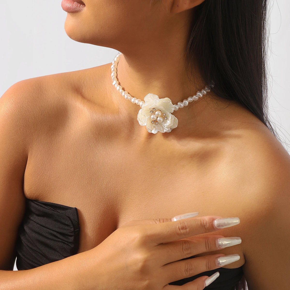 Floral Resin Pearl Choker Earring Set Multicolor Vintage
