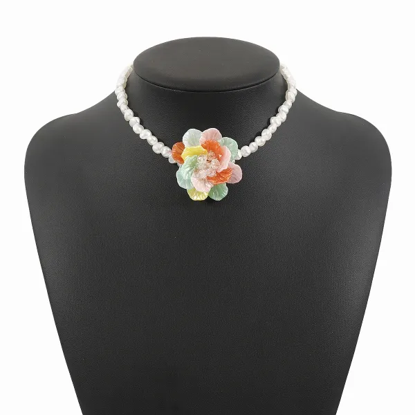 Design Floral Pearl Choker Necklace Multicolor Jewelry - 1