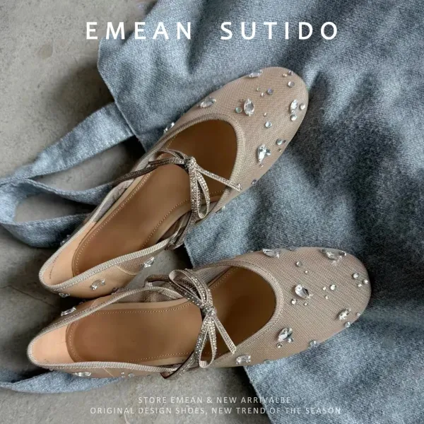 Design Crystal-Embellished Beige Mary Jane Flats Casual Shoes - 8