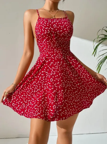 Design Floral Print Heart Pattern Spaghetti Strap A-Line Dress - 15