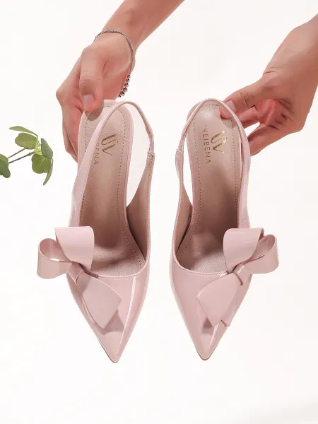 Design Bow Detail Nude Patent Leather Slingback Stilettos - 18