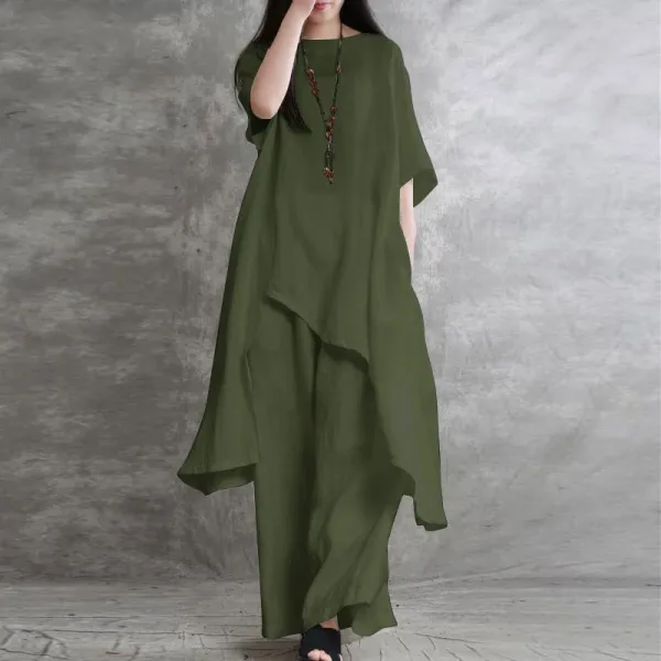 Design Loose Linen Tunic and Wide-Leg Pants Set White - 9