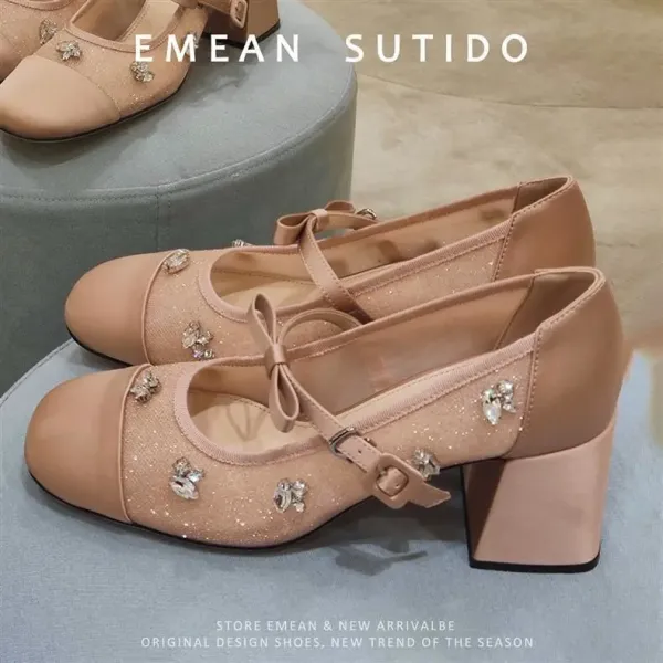 Dior Mary Jane Block Heel in Blush Pink with Crystal Embellishments - 5