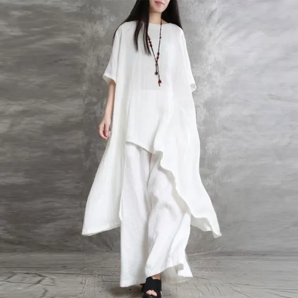 Design Loose Linen Tunic and Wide-Leg Pants Set White - 12