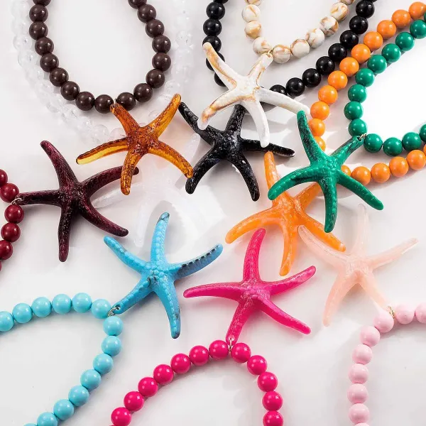 Design Starfish Pendant Necklace with Red Resin Beads Jewelry - 32