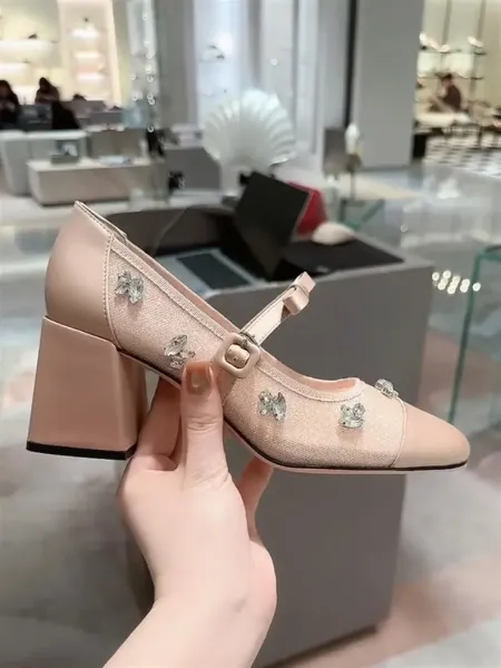 Dior Mary Jane Block Heel in Blush Pink with Crystal Embellishments - 13