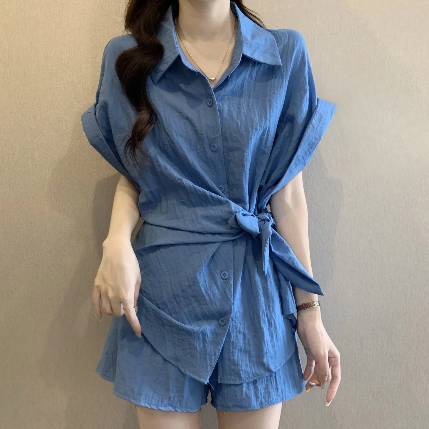 Wrap-Front Shirt Set Blue