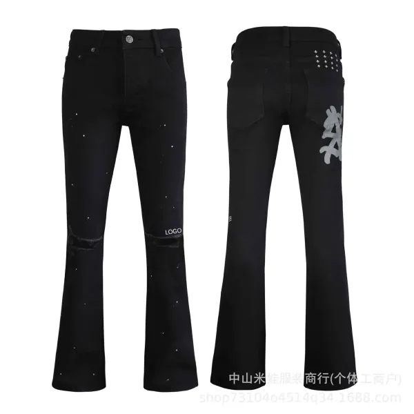 Design Flared Distressed Black Jeans with Splatter Print and Graffiti Logo - 1