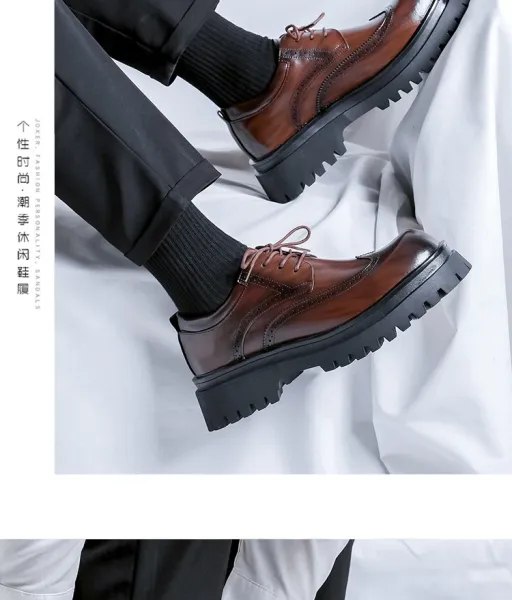 Design Brogue Platform Oxford Black Leather Shoes - 11