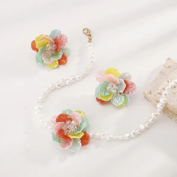 Design Floral Resin Crystal Stud Earrings Orange and Cream Jewelry - 45