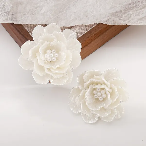 Design Floral Resin Crystal Stud Earrings Orange and Cream Jewelry - 56