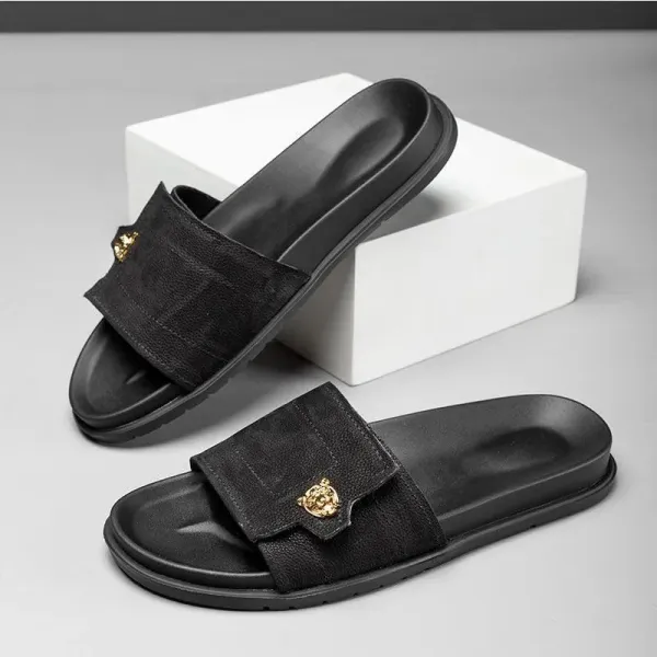 Versace Medusa Slide Black Leather Slippers - 9