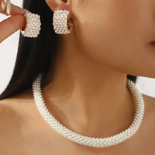 Design Pearl Cluster Necklace and Earrings Set White Jewelry - 7