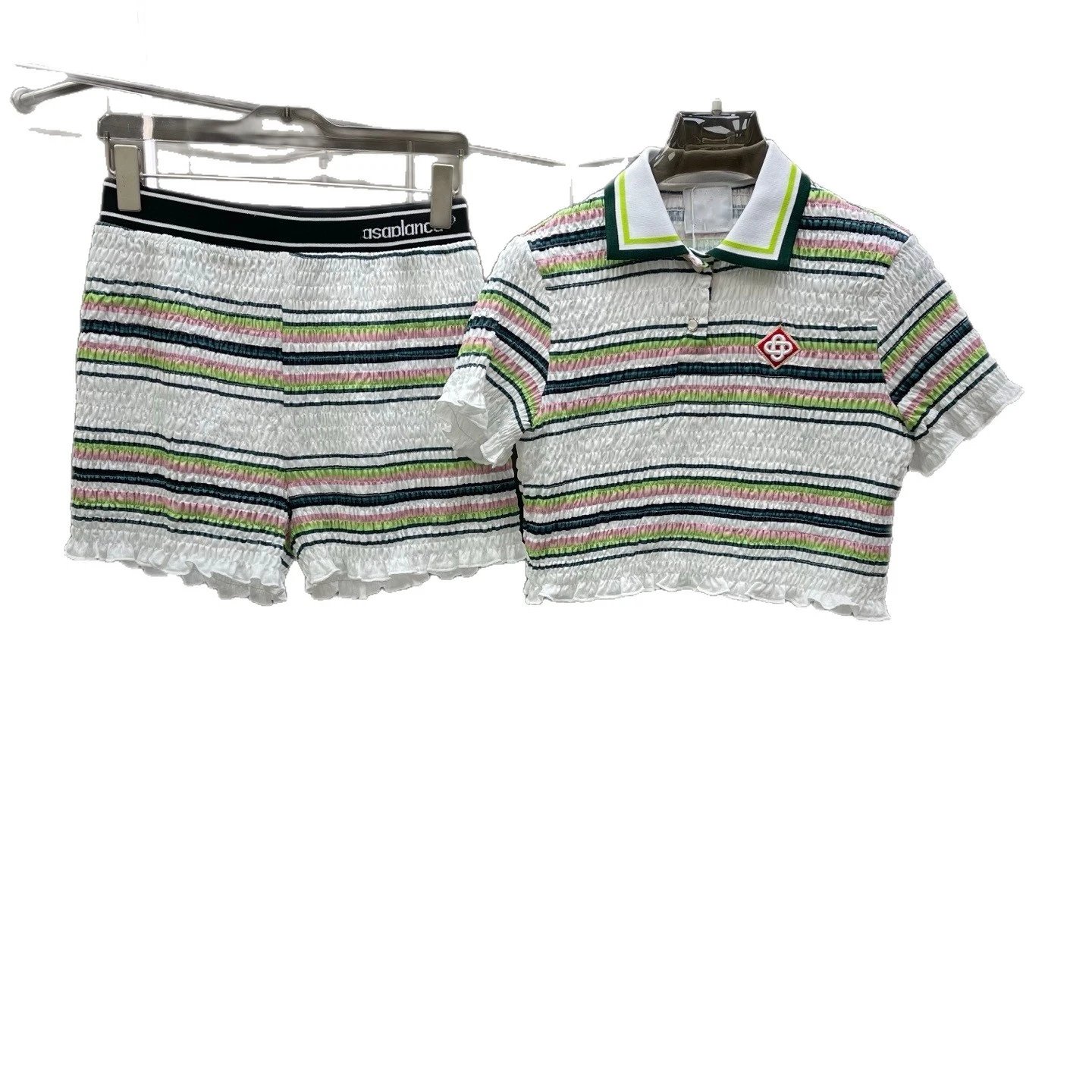 Asaplane Striped Smocked Polo Shirt And Shorts Set Multicolor Preppy