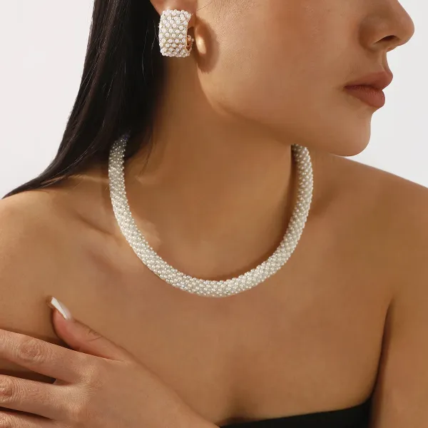 Design Pearl Cluster Necklace and Earrings Set White Jewelry - 8