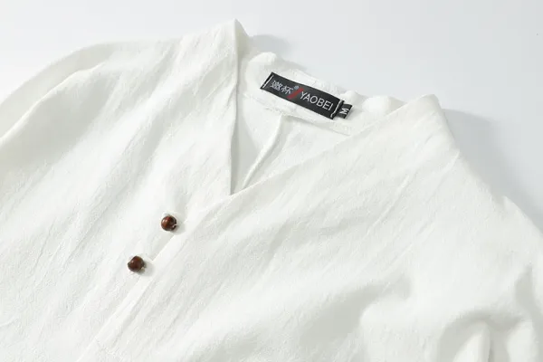 Design YAOBEI V-Neck Linen Blend Shirt White Shirt - 10
