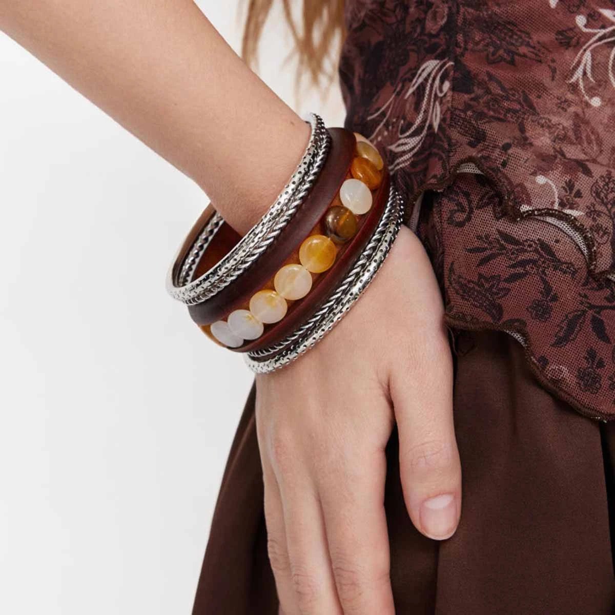 Design Studded Two-Tone Cuff Bracelet Gold Silver Jewelry - 22