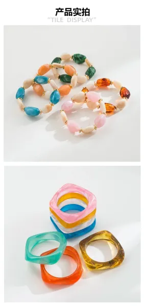 Design Green and Cream Resin Bead Stretch Bracelet - 26