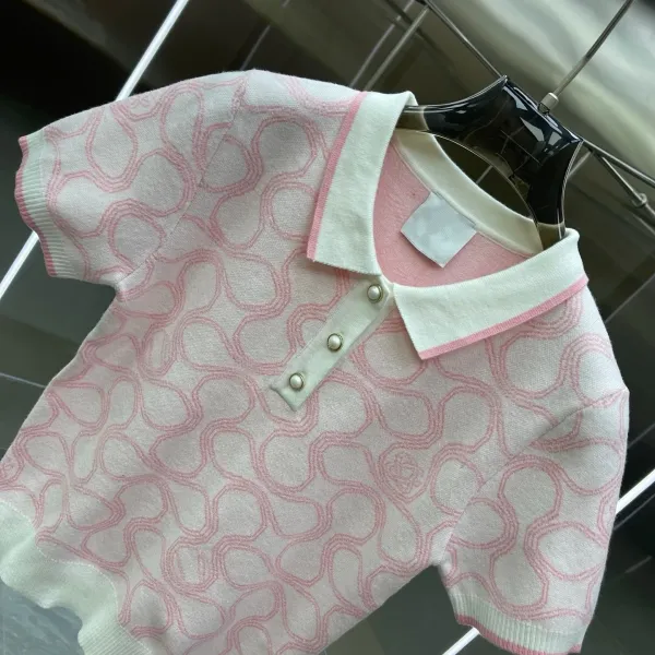 Design Knit Polo and Skirt Set Pink Geometric Pattern Two-Piece Set - 4