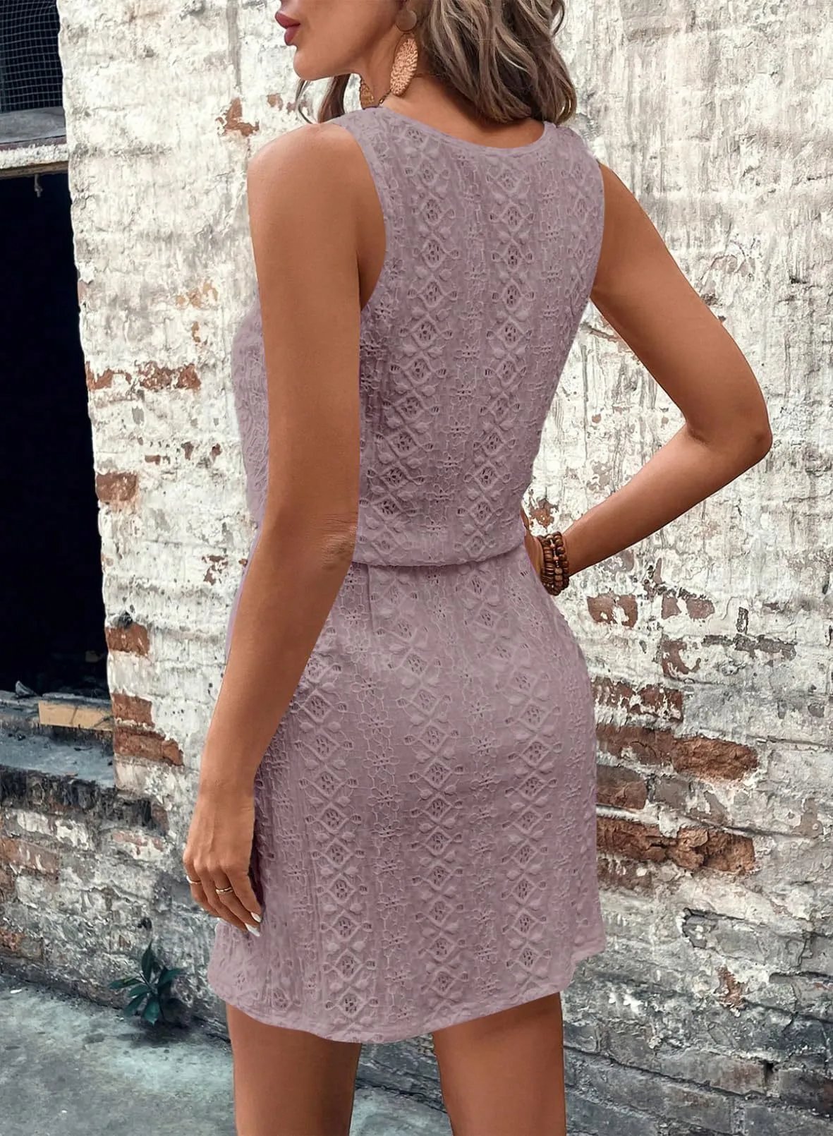 Design Lace Embroidered Sleeveless Mini Dress Beige - 17