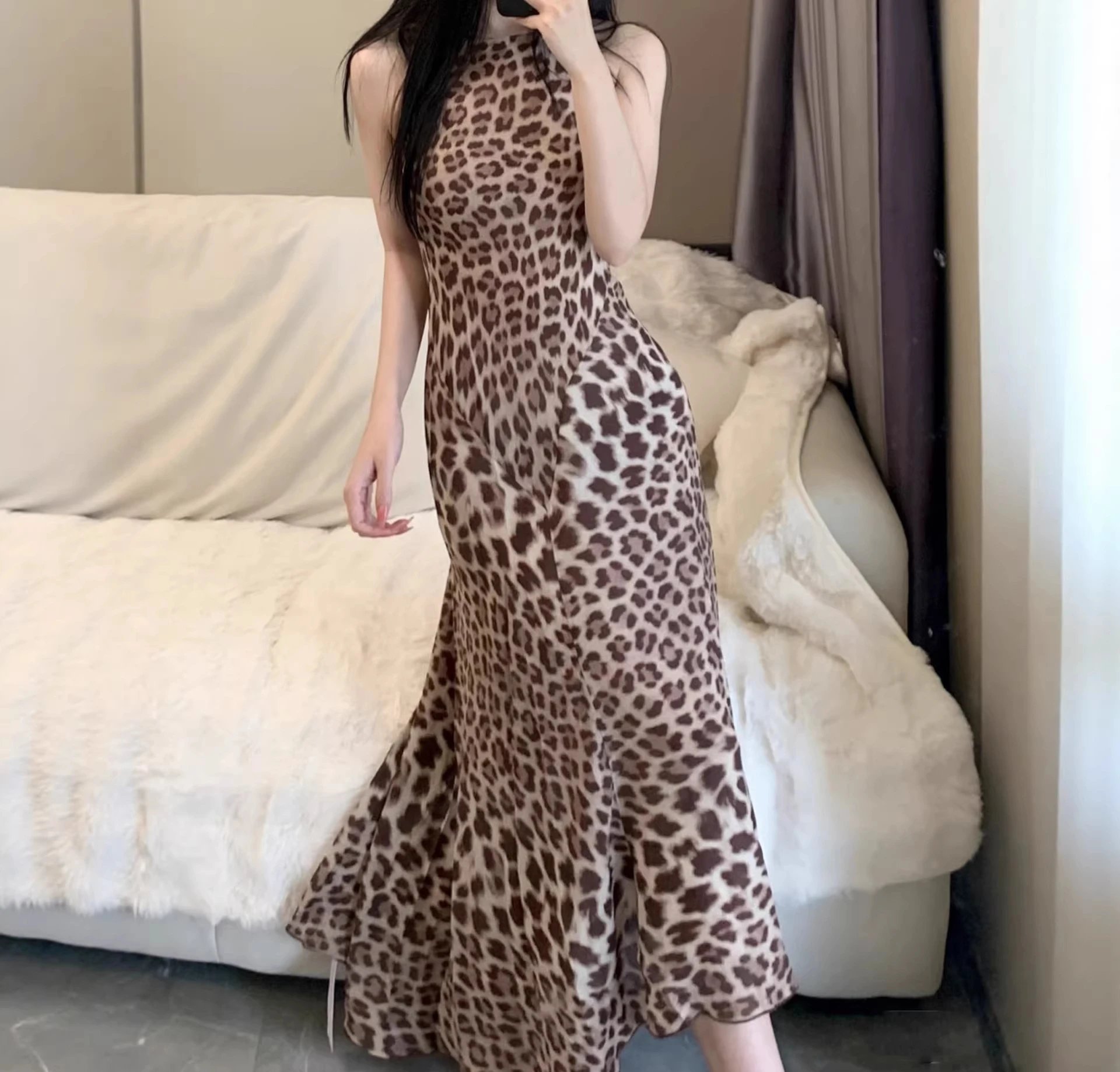 Design Leopard Print Slip Dress Beige Brown Women's Maxi Dress - 6