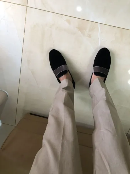 Design Black Velvet Loafers with Taupe Strap Slip-On Shoes Loafers - 4