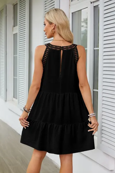 Design Black Lace-Trimmed Tiered Sleeveless Dress - 15